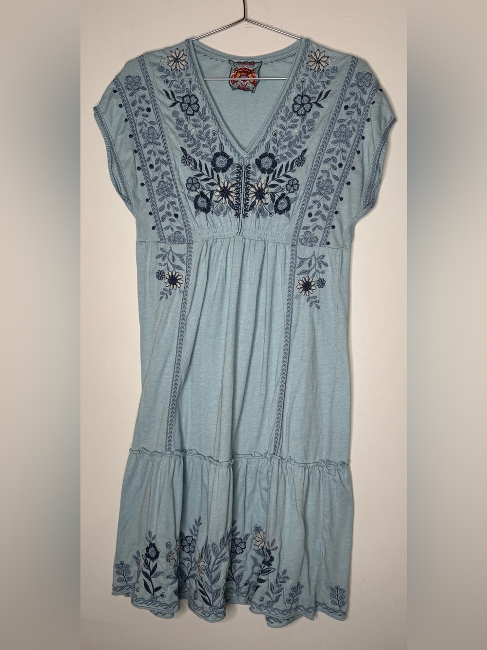 Johnny Was Size Medium Knee Length Blue Embroidered Dress Short Sleeve Romantic